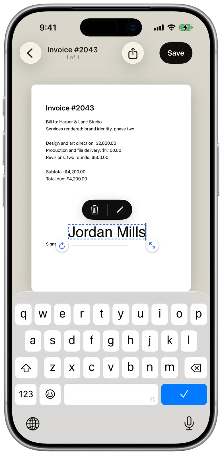 Adding a typed name to an invoice with the keyboard