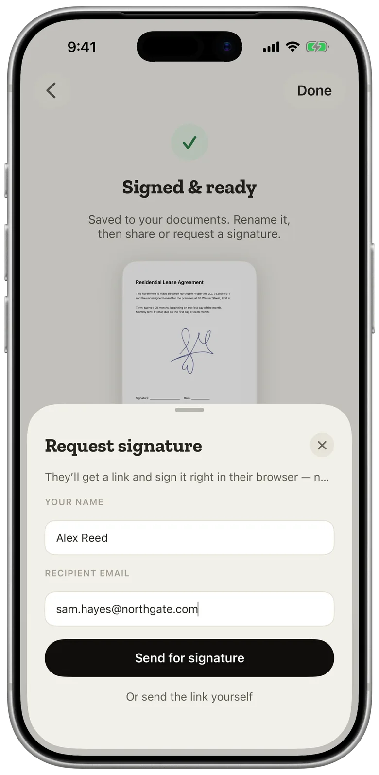 Your iPhone: the Request signature sheet for a signed lease