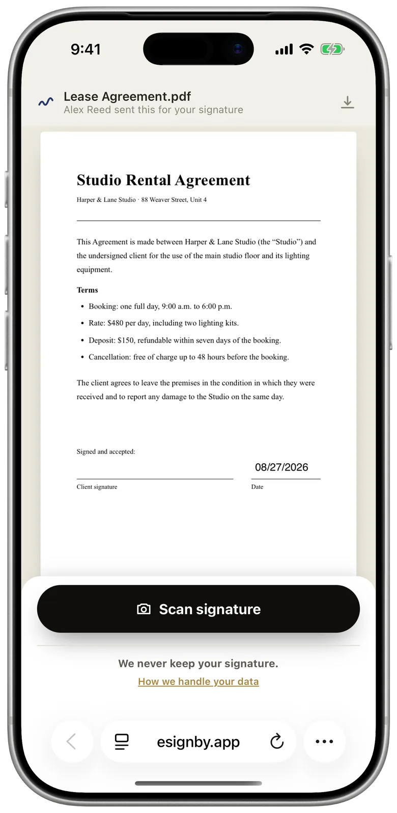 Their browser at esignby.app: the same document, ready to sign