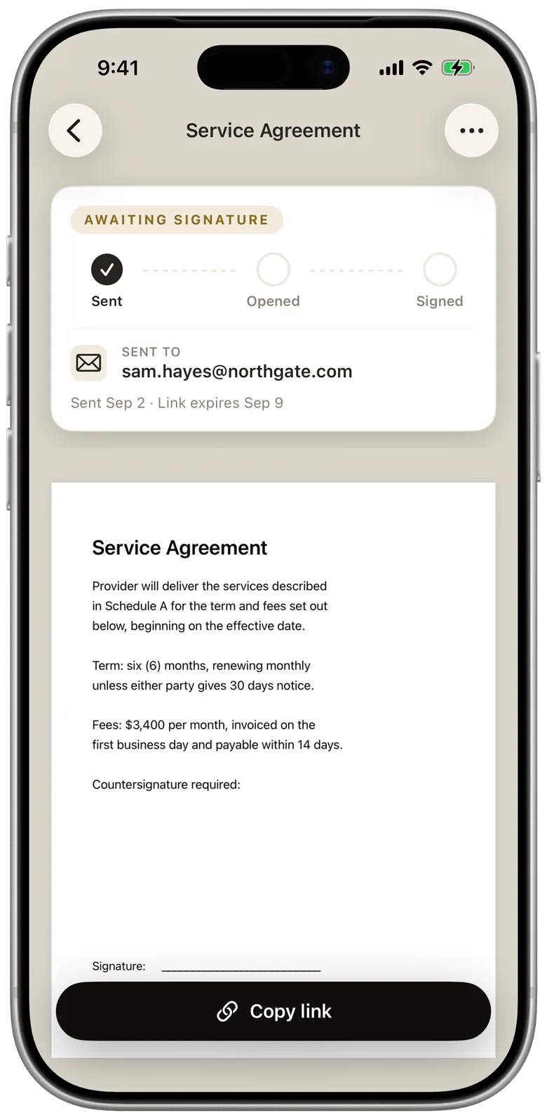 Request status: sent, opened, signed