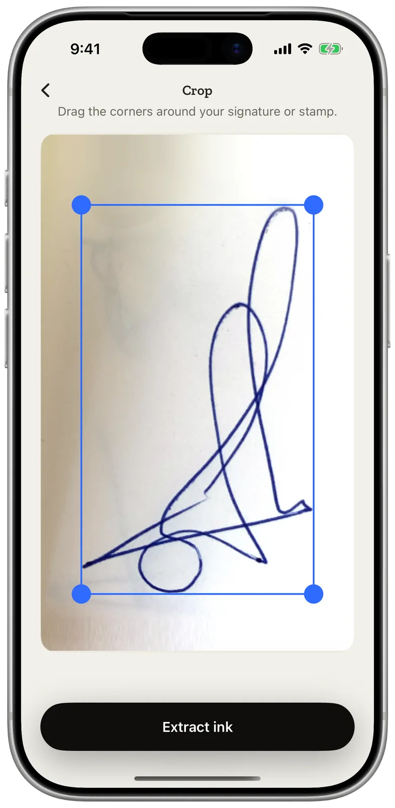 Step 1: the camera photo of a signature on paper, framed for cropping